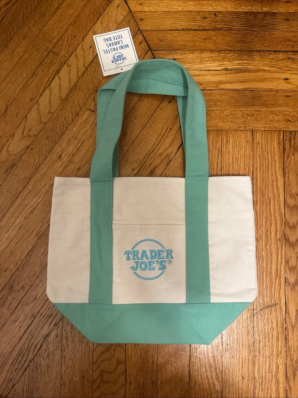Trader Joe's Mini Pastel Canvas Tote Bag - Mint and Cream